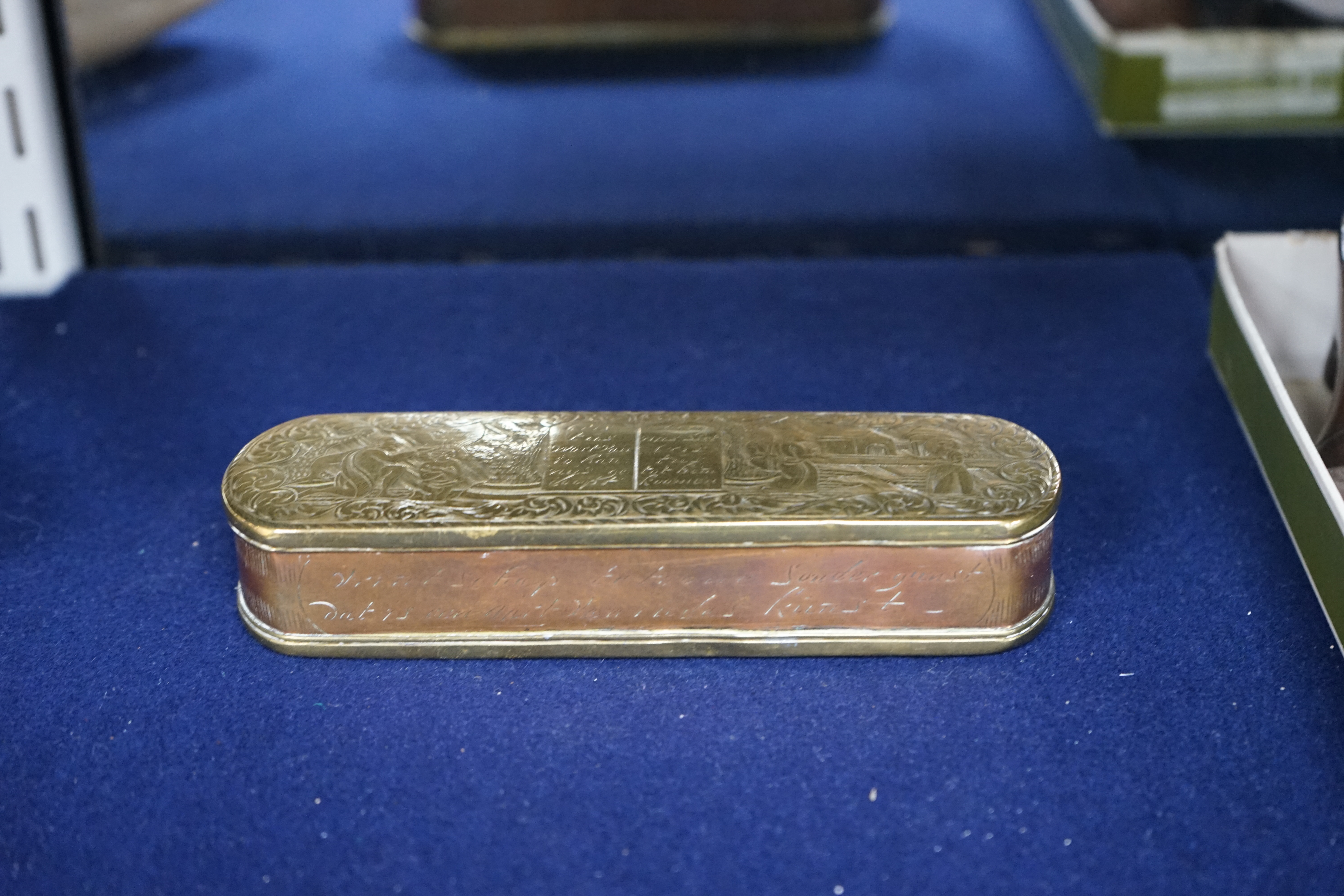 Two 18th century Dutch brass and copper tobacco boxes, longest 15.5cm. Condition - fair